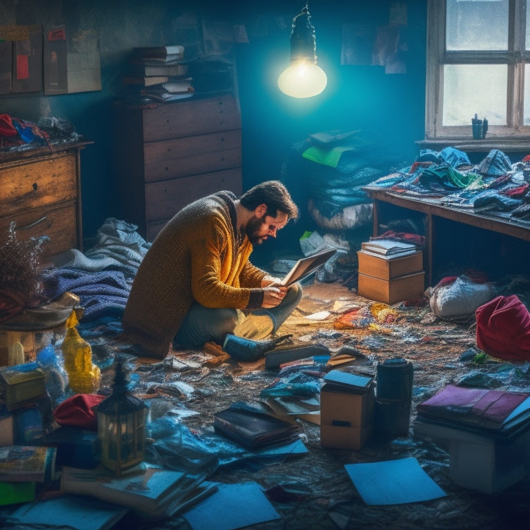 A messy room with piles of clothes, books, and papers scattered everywhere, a person sitting amidst the chaos, surrounded by dust and cobwebs, with a faint lightbulb in the background symbolizing an idea.