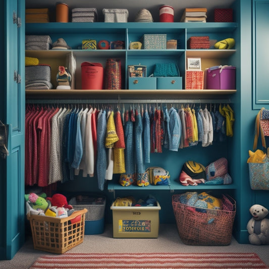 A cluttered kid's closet with toys, clothes, and accessories scattered everywhere, contrasted with a custom-organized closet featuring shelves, bins, and a double rod, with a few toys and clothes neatly arranged.