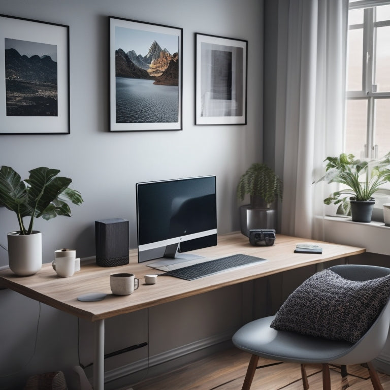 A minimalist, modern room with a cluttered corner transformed into a serene space, featuring a laptop and a tidy digital file organization system on the screen.