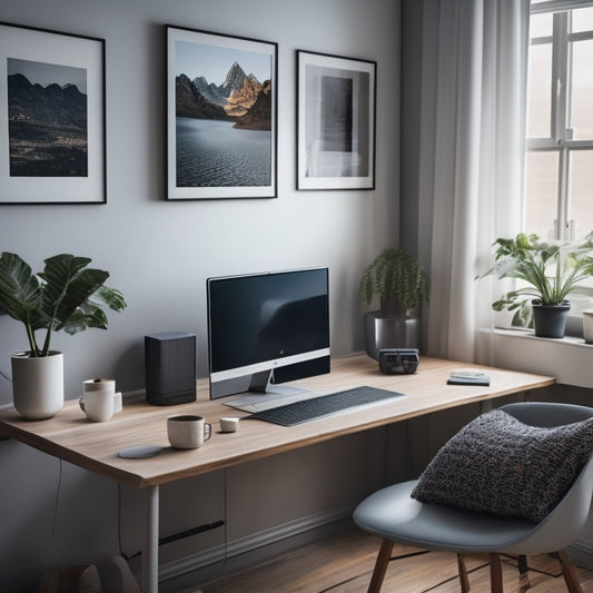 A minimalist, modern room with a cluttered corner transformed into a serene space, featuring a laptop and a tidy digital file organization system on the screen.