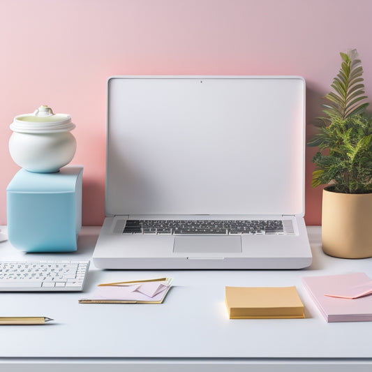 A minimalist, modern workspace with a laptop and a tidy desk, surrounded by organized files, colorful sticky notes, and a few elegant pens, set against a soft, pastel background.