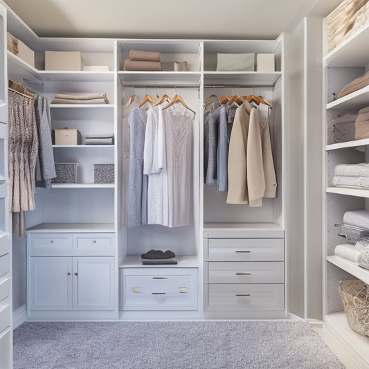 A serene, organized closet with soft, warm lighting, featuring ClosetMaid shelving and storage systems in a calming white and gray color scheme, with a few stylish decorative accents.