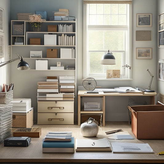A cluttered home office with papers scattered on a messy desk, surrounded by stacks of dusty boxes and tangled cords, transformed into a serene, organized space with a tidy desk, labeled file folders, and a minimalist shelving unit.