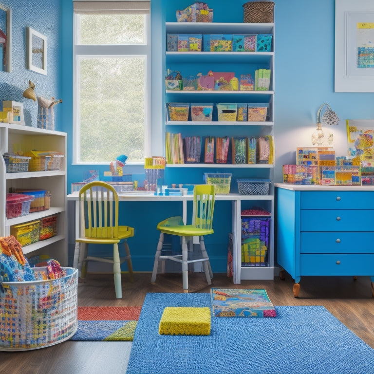 A tidy playroom with a labeled shelving unit, colorful bins, and a kid-sized desk with a neatly organized art supply station, surrounded by a few toys and a plush area rug.