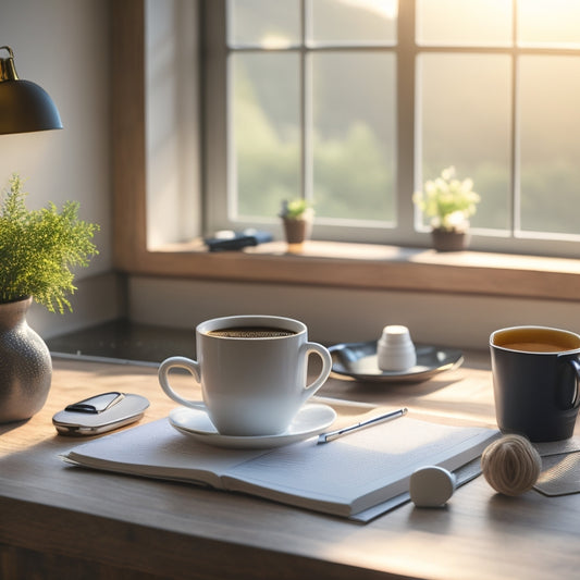 A serene morning scene with a tidy desk, a steaming cup of coffee, a planners and pens organized, and a laptop open to a calendar or to-do list, set against a soft, natural light background.