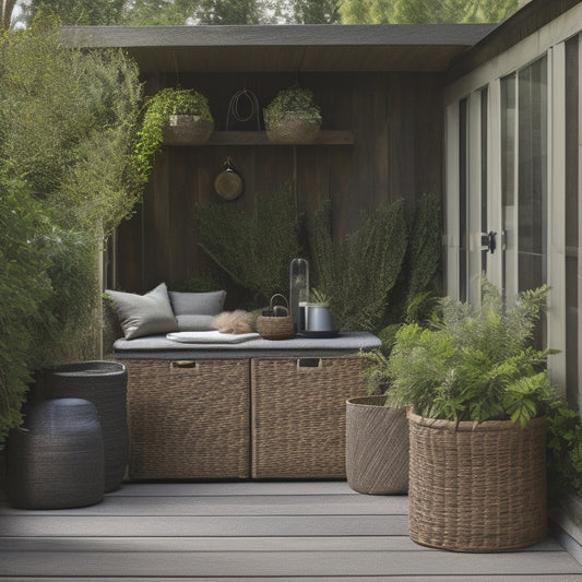 A serene backyard with a sleek, horizontal shed in the background, surrounded by lush greenery, featuring a stylish bench, a woven storage basket, and a few outdoor decorative items on a weathered wooden deck.