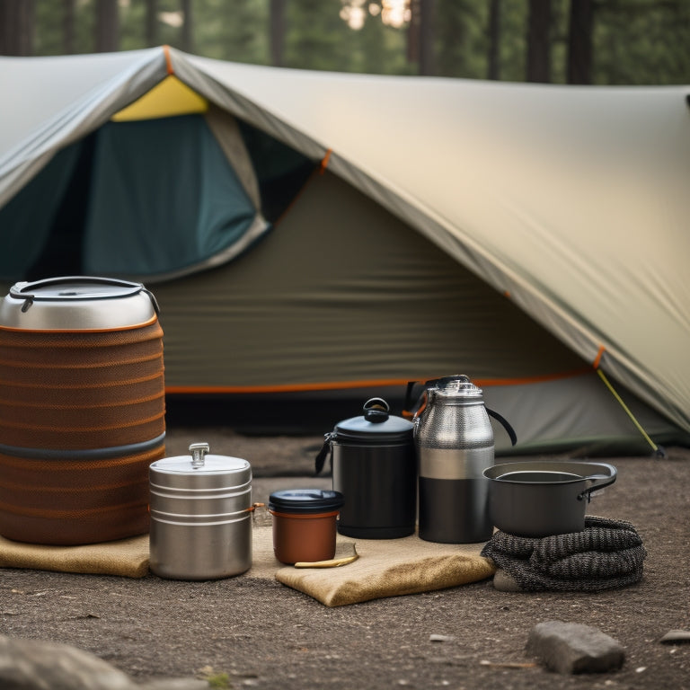 A tidy, organized camping storage container with neatly stacked camping gear, including a rolled-up tent, a compact sleeping bag, and a small, portable stove, set against a serene forest background.