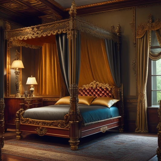 A serene, dimly lit bedroom with a majestic, velvet-upholstered four-poster bed, adorned with golden accents, set against a backdrop of rich, dark wooden paneling and floor-to-ceiling, plush, cream-colored drapes.