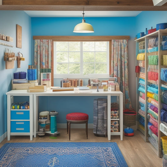 A tidy, well-lit sewing room with a custom-built, floor-to-ceiling storage unit featuring labeled fabric bins, thread spools on rotating dowels, and a pegboard with hanging tools and notions.