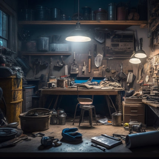 A cluttered garage workspace with a car's hood up, surrounded by scattered tools and parts, with a single, worn-out repair manual lying open on a nearby workbench, illuminated by a single, warm light source.