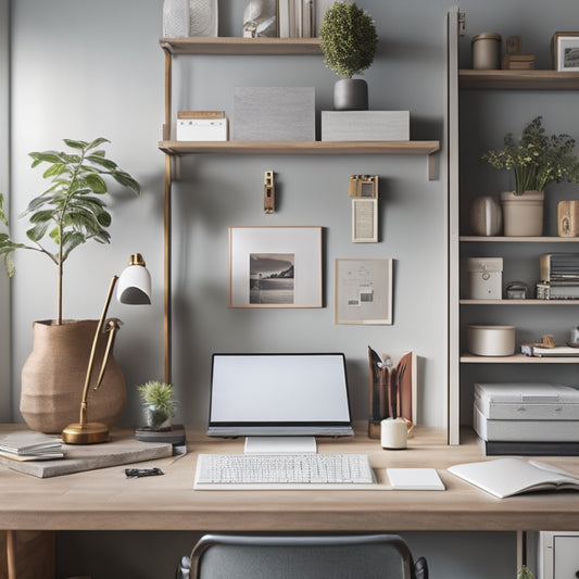 A clutter-free home office with a tidy desk, a laptop, and a tablet, surrounded by organized shelves, a planner, and a few minimalistic decorative items, with a subtle calming color scheme.