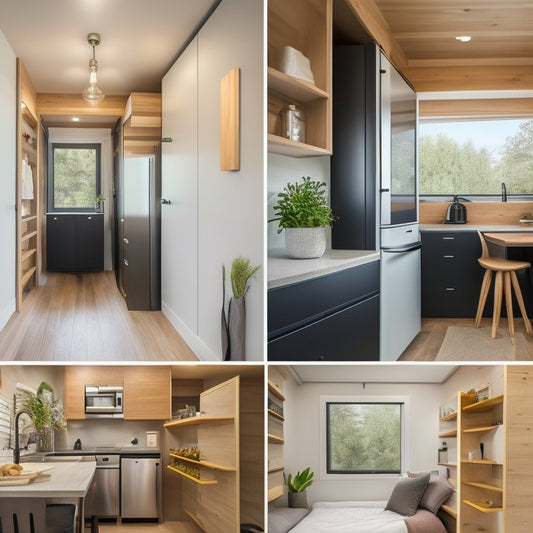 A minimalist, stylish tiny home interior with clever storage solutions: a Murphy bed with built-in shelves, a hanging bike rack, and a compact kitchen with a pull-out spice rack and a slide-out trash can.