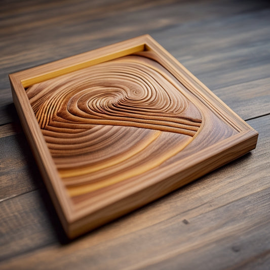 A minimalist, modern wooden board with a subtle wood grain texture, featuring intricate, swirling patterns created by intertwined threads of varying colors and thicknesses, with a few loose threads dangling.
