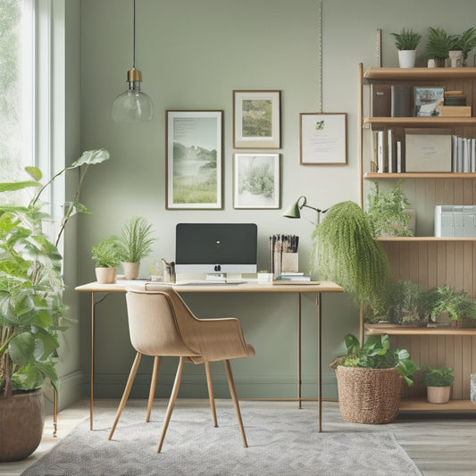 A tidy, minimalist home office with a wooden desk, ergonomic chair, and floor-to-ceiling bookshelves, featuring a pegboard with hanging baskets and a calendar, surrounded by lush green plants.