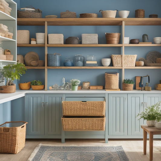 A tidy, well-lit room with a mix of open shelving, closed cabinets, and baskets in a calming color palette, showcasing a harmonious balance of storage and living space.