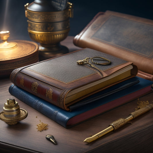 A partially open, worn, brown leather-bound book with golden hinges, lying on a sleek, dark wood desk, surrounded by scattered, rolled-up blueprints and a single, shiny, metallic surgical instrument.