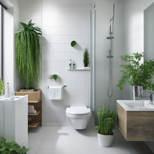 A serene, minimalist bathroom with a wall-mounted sink, a compact toilet, and a shower area with a rain showerhead, surrounded by sleek, white tiles and a few, carefully-placed green plants.