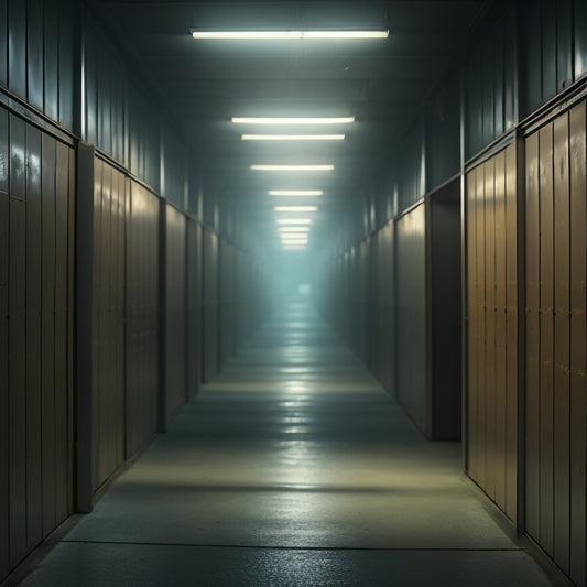 A dimly lit, old-school storage facility corridor with rows of rusty metal lockers, some slightly ajar, revealing mysterious shadows and faint glows, surrounded by cobwebs and dusty air.