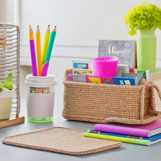 A bright and airy desk with a Happy Planner open to a colorful, sticker-adorned page, surrounded by innovative storage solutions: a rotating pencil holder, a tiered tray, and a woven basket.