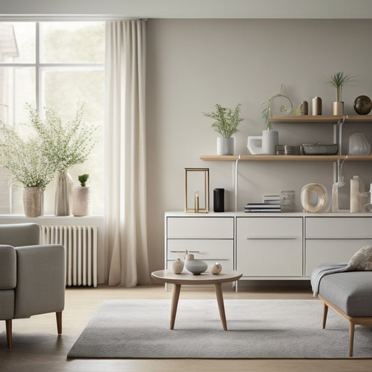 A serene, minimalist living room with a few, carefully chosen decorative items on a sleek, low-profile shelf, surrounded by empty, clutter-free space and soft, natural light.