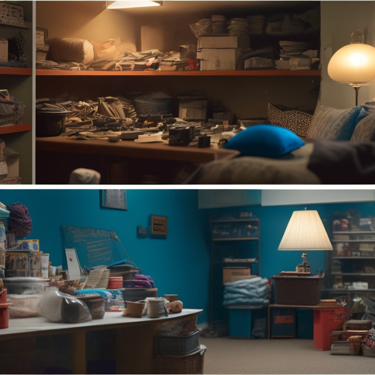 An image featuring a split-screen comparison: a cluttered, dimly lit room with piles of chaotic objects versus a bright, minimalist space with neatly arranged items on shelves and in labeled bins.