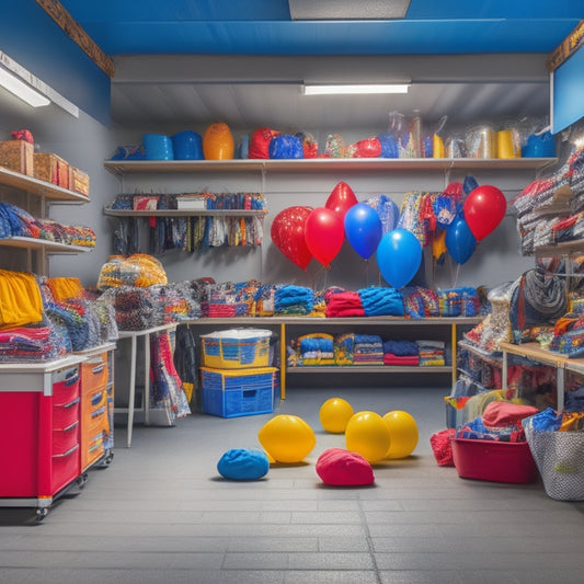 A tidy, well-organized garage with labeled sections, neatly folded clothes on tables, and sorted items on shelves, surrounded by a few strategically placed balloons and a "Sale" flag.