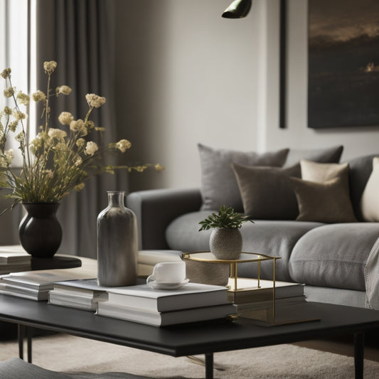 A serene, minimalist living room with a few, carefully selected decorative items, a vase with fresh flowers, and a single, leather-bound book on a sleek, low-profile coffee table.