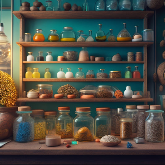 An illustration of a wooden shelf with various sizes of glass jars containing different types of fungi, surrounded by petri dishes, microscopes, and research equipment on a cluttered laboratory table.