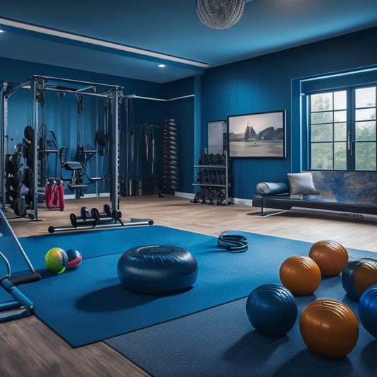 A modern, well-lit home gym with a variety of SPRI fitness equipment, including resistance bands, exercise balls, jump ropes, and kettlebells, arranged in a cohesive and inviting layout.