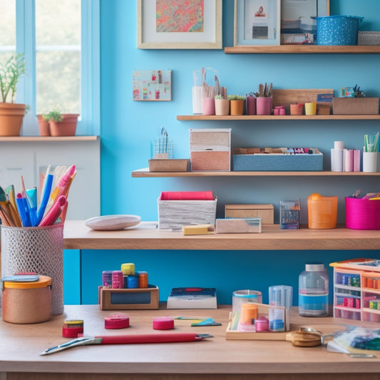 A colorful, clutter-free workspace with a refurbished wooden desk, surrounded by unique, handmade storage containers and organizers from Etsy, filled with art supplies, papers, and craft tools.