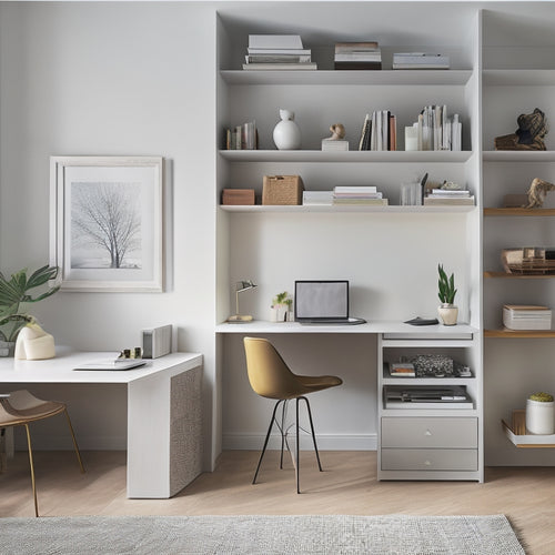 A tidy, well-organized room with a minimalist aesthetic, featuring a sleek, floor-to-ceiling shelving unit, a compact desk with built-in storage, and a few, carefully curated decorative items.