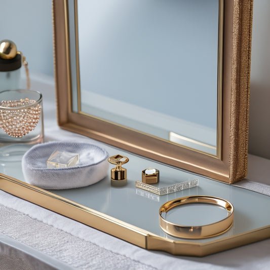 A beautifully styled, minimalist dressing table with a jewelry organizer as the centerpiece, featuring velvet-lined trays, crystal knobs, and a subtle, metallic sheen.