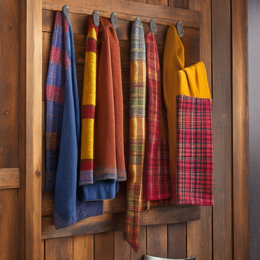 A rustic wooden wall-mounted rack with 5-7 colorful plaid fabric pockets of varying sizes, adorned with brass hardware and a few rolled up towels and clothes peeking out of the pockets.