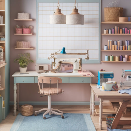A tidy sewing studio with a wooden desk, surrounded by organized baskets, labeled bins, and a pegboard with hanging threads, scissors, and sewing tools, amidst a calm, pastel-colored background.