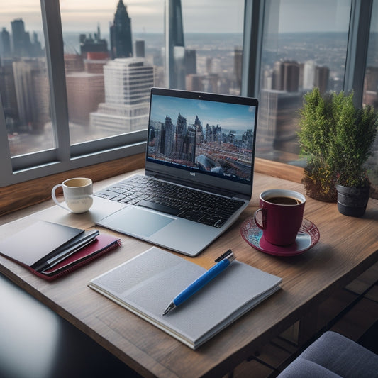 A stylized, modern desk with a sleek laptop, a cup of steaming coffee, and a few colorful pens, surrounded by organized files, folders, and a minimalist planner, with a subtle cityscape background.