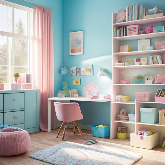 A tidy, sunlit kid's bedroom with a loft bed, a desk with a chair, and a bookshelf, surrounded by pastel-colored storage bins, baskets, and shelves, with a few toys and books scattered around.