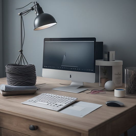 A serene, minimalist desk with a laptop, surrounded by tangled cords and wires being gently unraveled, with a few scattered papers and a small trash can in the background.