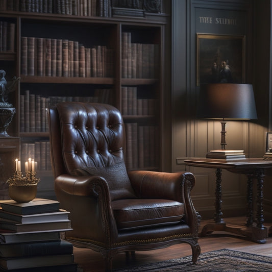 A serene, dimly-lit study with a comfortable, worn armchair, surrounded by towering bookshelves filled with leather-bound classics, with a sleek, modern tablet and e-reader on a wooden desk.
