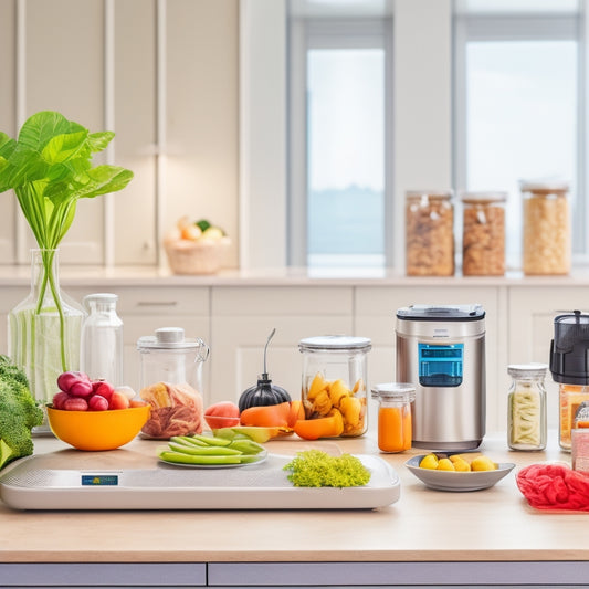 A clean and modern kitchen countertop with a vacuum sealer in the center, surrounded by various sealed containers, bags, and jars filled with fresh fruits, vegetables, and meats.