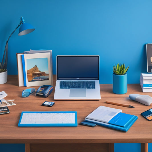A tidy home office with a laptop, tablet, and smartphone showcasing various organizational apps, surrounded by labeled folders, a planner, and a minimalist desk calendar, set against a calming blue background.