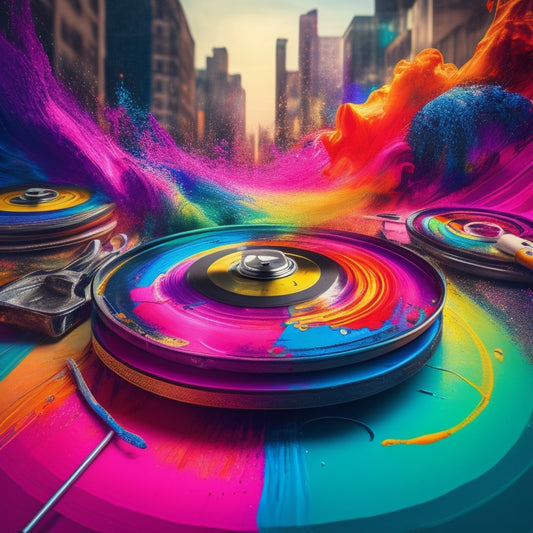 A colorful, abstract illustration of swirling vinyl records, paintbrushes, and artistic tools, surrounded by vibrant splatters and streaks, with a cityscape or graffiti wall in the background.
