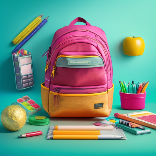 A colorful and organized illustration of a school supplies-filled backpack with a zippered pouch overflowing with coins, surrounded by a subtle background of calculators, pencils, and notebooks.