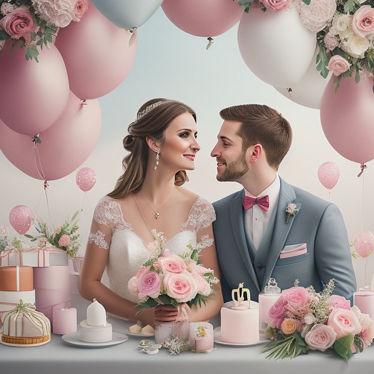 A whimsical illustration of a bride and groom, Kaylee and Riley, surrounded by floating wedding gifts, flowers, and balloons, with a soft pastel color palette and delicate hand-drawn details.