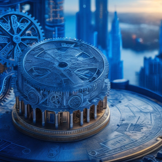 An intricate blueprint with gears, cogs, and puzzle pieces interconnected, surrounded by coding symbols and diagrams, with a faint cityscape or architecture in the background, symbolizing structure and harmony.