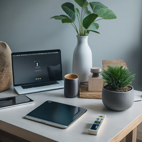 A minimalist desk with a sleek laptop, a tablet, and a smartphone, surrounded by neatly arranged home decor items, such as a vase, a small plant, and a few paint swatches.