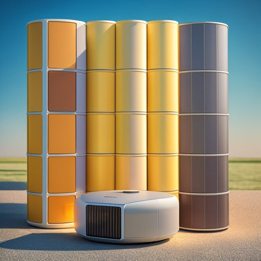 A futuristic, minimalist background with a subtle grid pattern, featuring 5-7 sleek, modern solar batteries in various shapes and sizes, arranged in a circular formation, with soft, warm lighting.