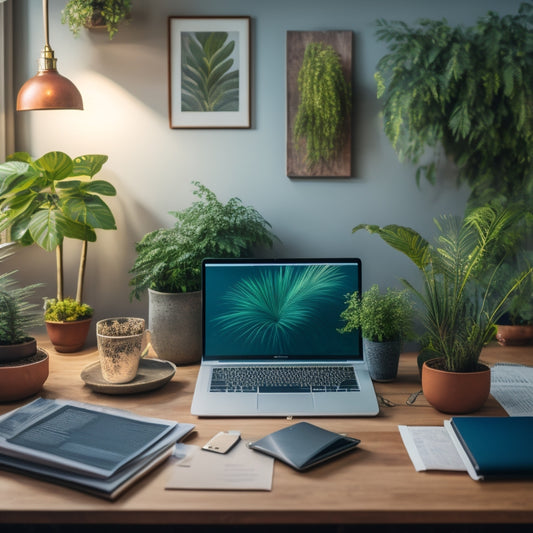 A serene, organized workspace with a laptop and a few neatly arranged papers, surrounded by calming plants, with a subtle email icon on the laptop screen and a faint grid of sorted folders in the background.