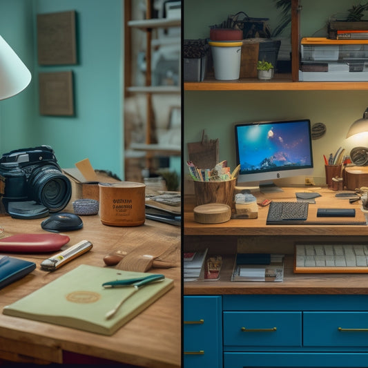 A split-screen image featuring a cluttered, messy workspace on one side and a tidy, organized workspace on the other, with a sleek, modern Bleecker Divided Organizer in the center.
