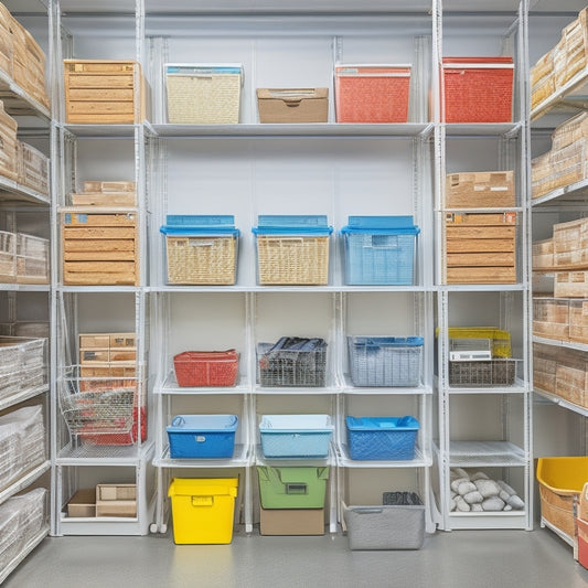 A tidy storage unit with labeled bins, stacked crates, and color-coded boxes, surrounded by a few well-organized shelves and a rolling ladder, set against a clean, neutral background.