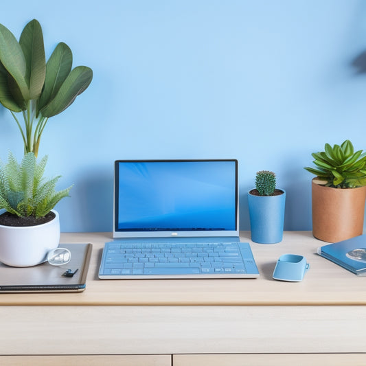 A clutter-free desk with a wooden organizer featuring six compartments, a small potted plant, a sleek silver pen holder, and a modern laptop on a soft blue background.